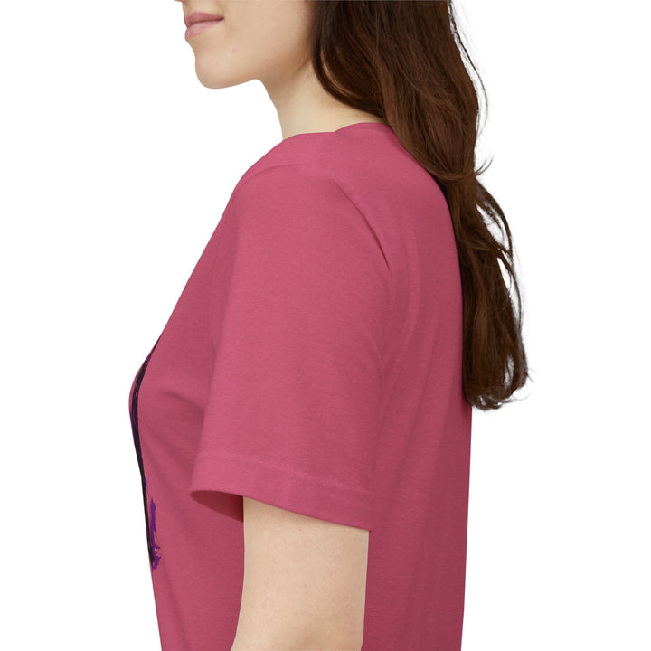 Schwarzes Katzenrätsel – Lila Farbspritzer-T-Shirt