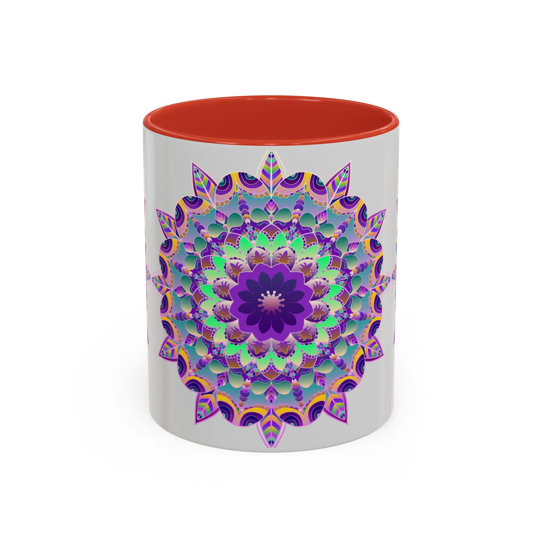 Beautiful light grey mug featuring a vibrant mandala art design