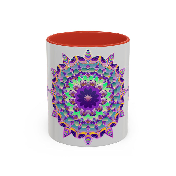 Beautiful light grey mug featuring a vibrant mandala art design