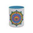 Stylish and colorful mandala flower pattern on grey ceramic mug