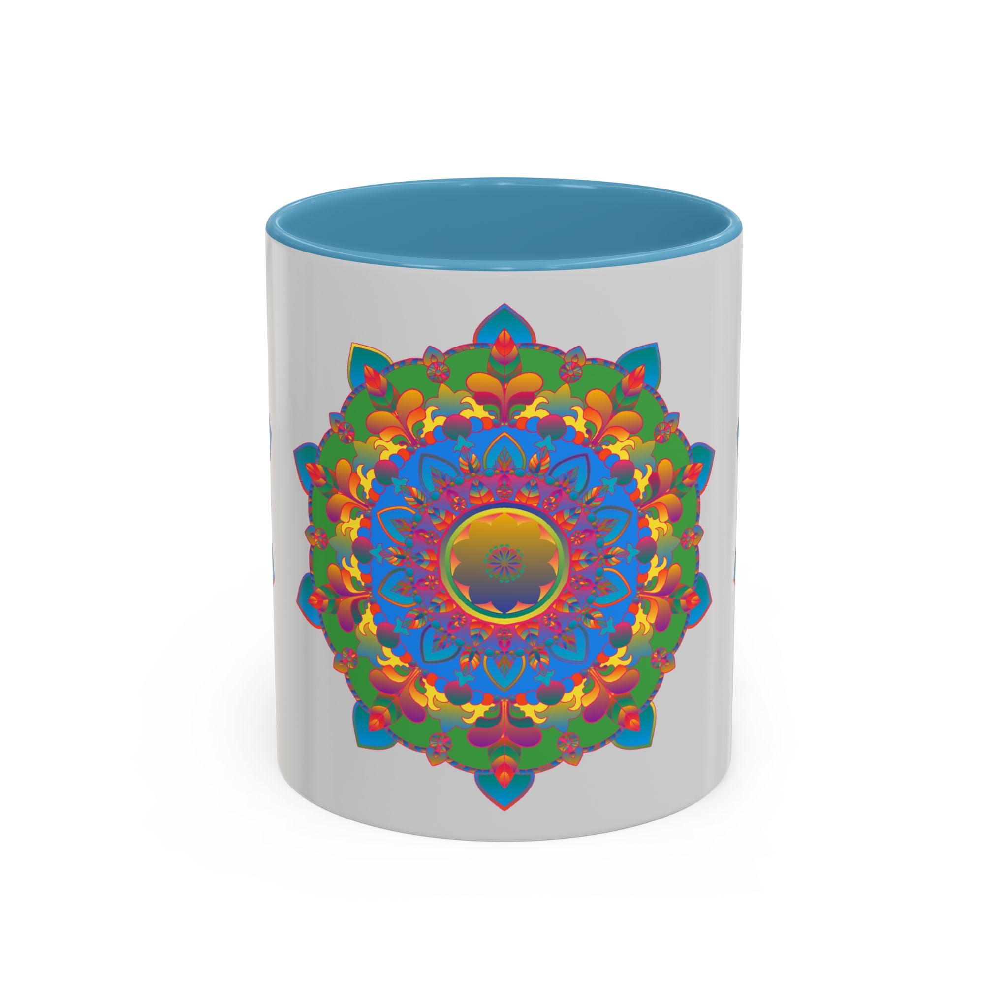 Stylish and colorful mandala flower pattern on grey ceramic mug