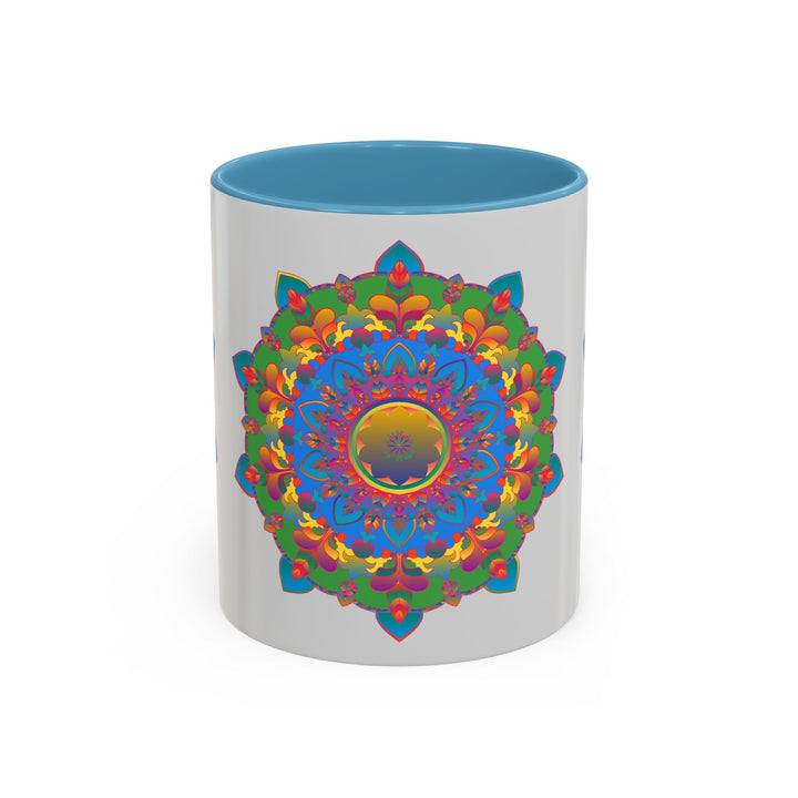 Stylish and colorful mandala flower pattern on grey ceramic mug