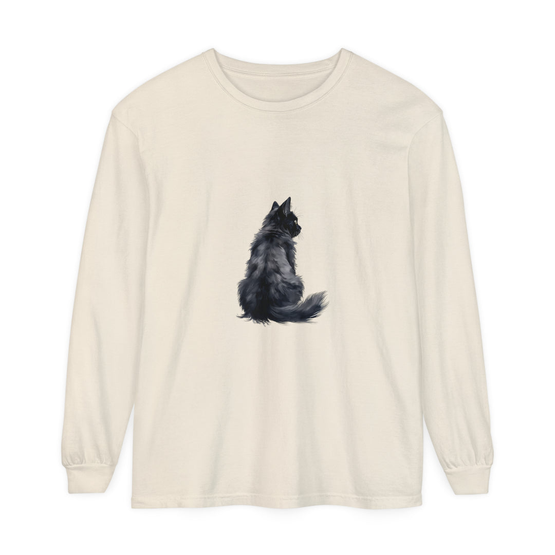 A stylish unisex long sleeve t-shirt featuring a bold black cat silhouette