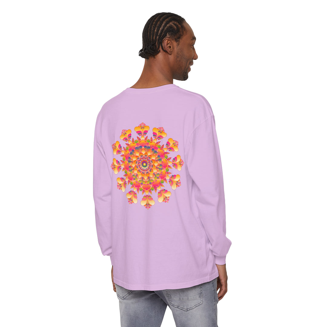 Vibrant and colorful mandala design on a long sleeve unisex t-shirt