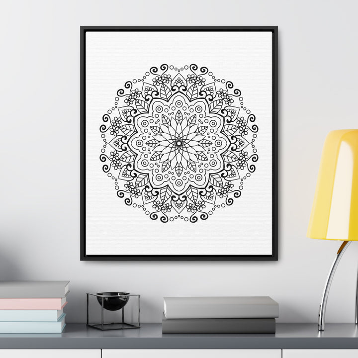 Handmade black and white mandala art on gallery canvas wraps with vertical frame