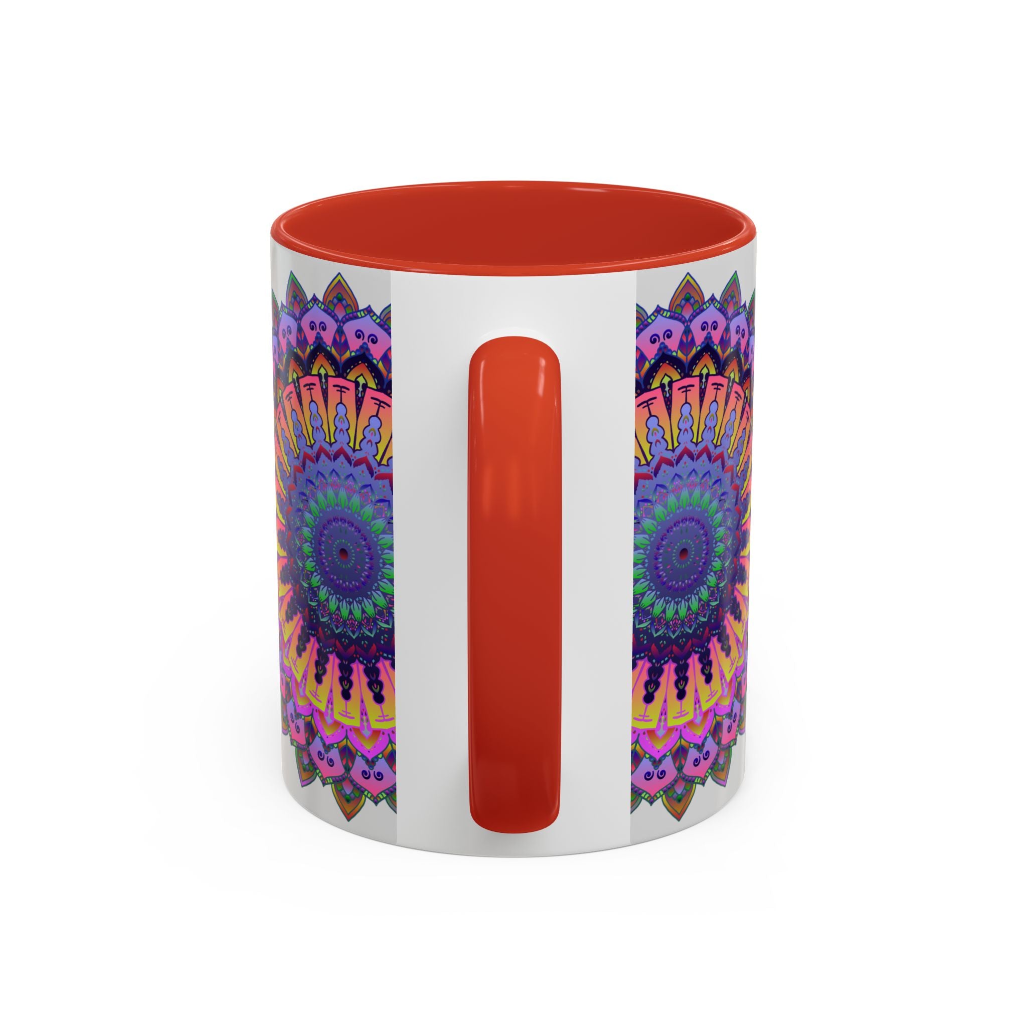 Beautiful Mandala Mug featuring vibrant art in colorful shades on a grey background