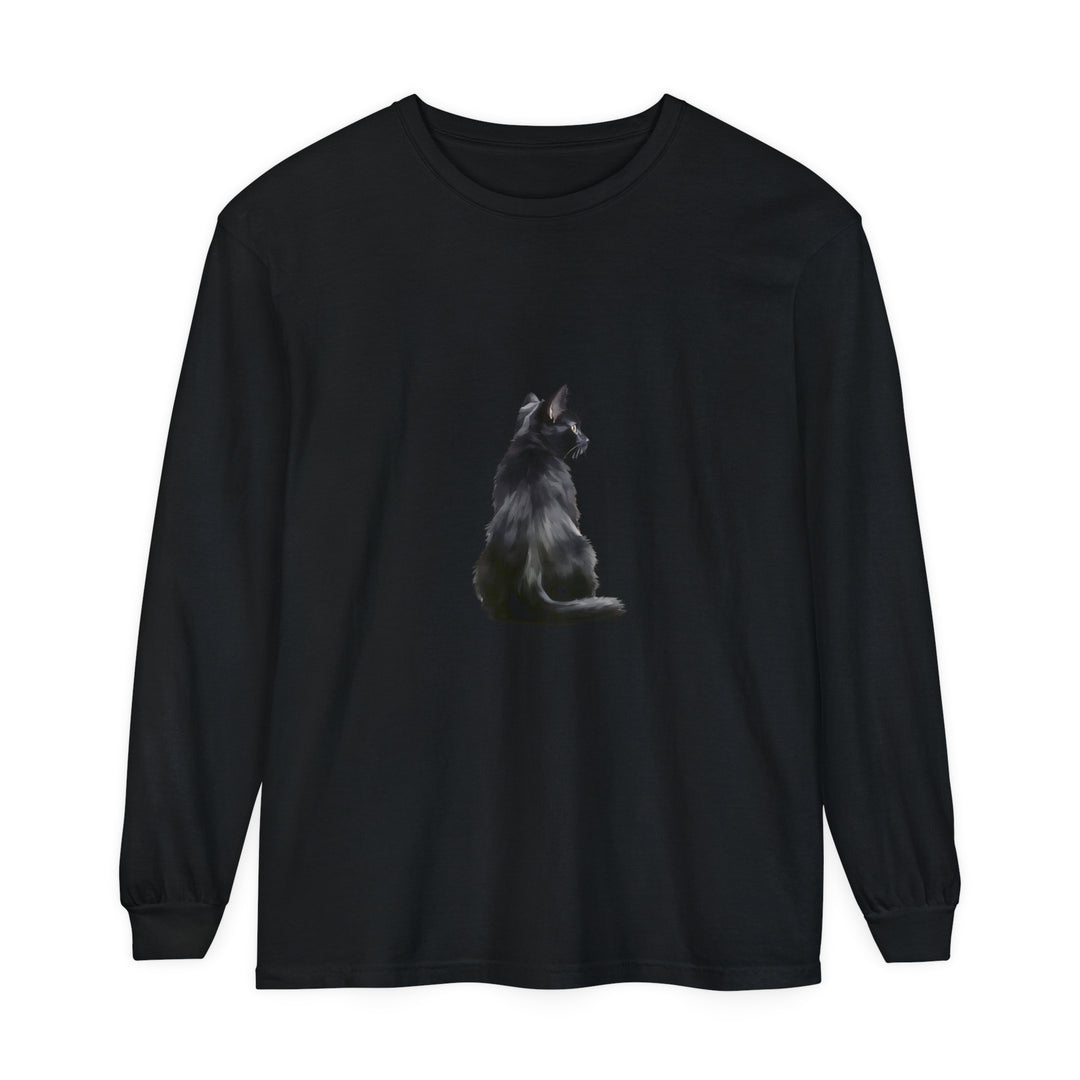 Black Cat Mystique Long Sleeve T-Shirt in black, featuring a stunning and mysterious feline design on the front