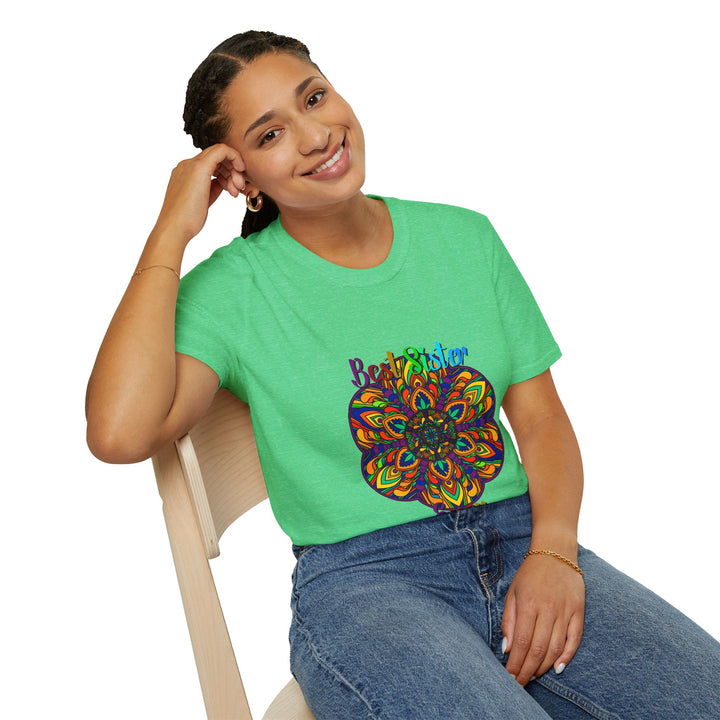 Colorful mandala art gift for sister unisex softstyle t-shirt with hand-drawn design