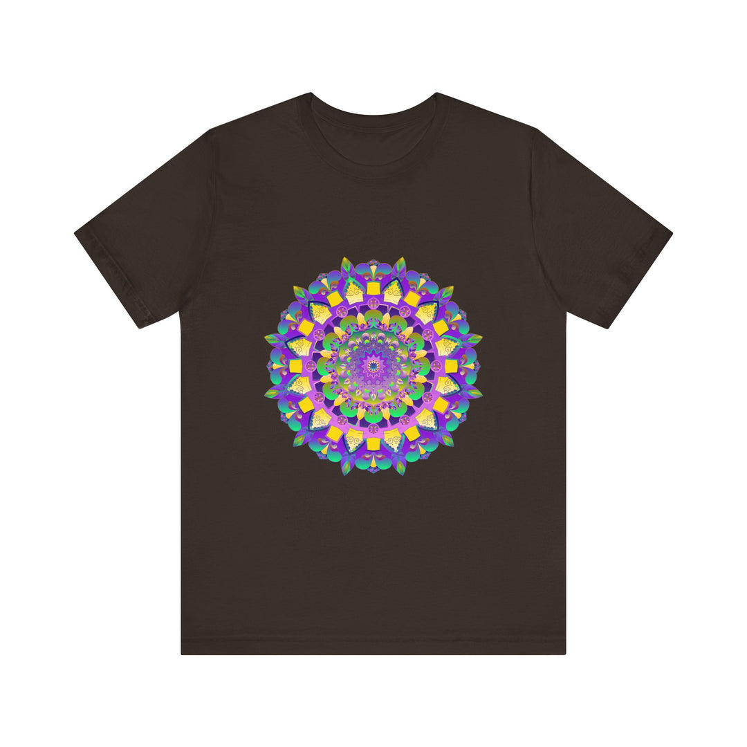 A close-up image of the vibrant mandala tee in bright colors with a peaceful and harmonious design, perfect for bringing a sense of tranquility and balance to any outfit