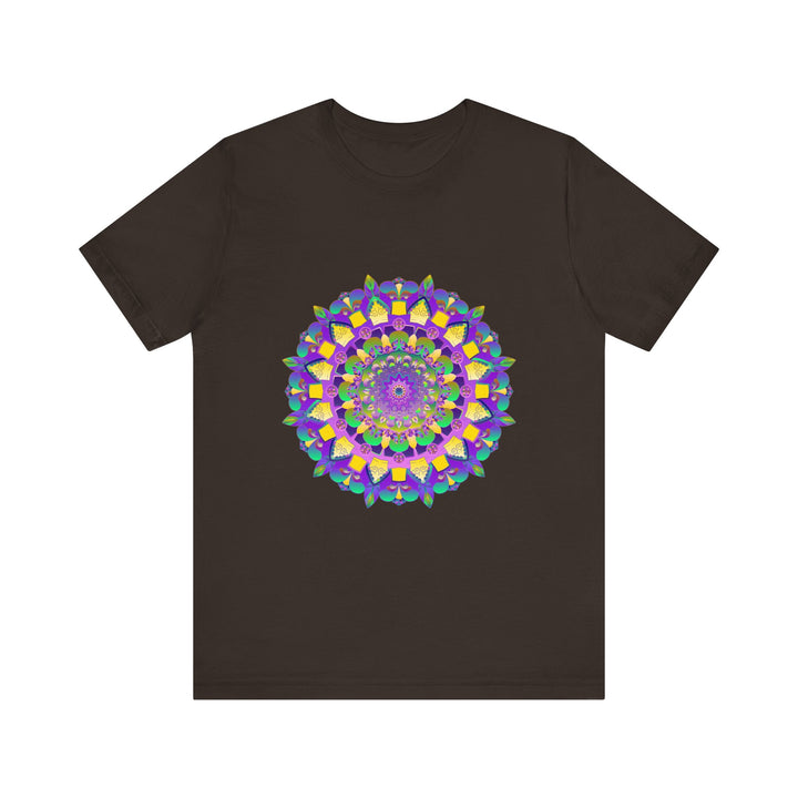 A close-up image of the vibrant mandala tee in bright colors with a peaceful and harmonious design, perfect for bringing a sense of tranquility and balance to any outfit