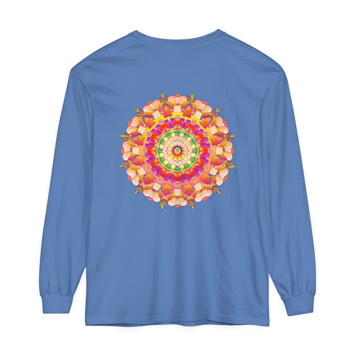 Colorful and intricate mandala design featured on unisex long sleeve t-shirt