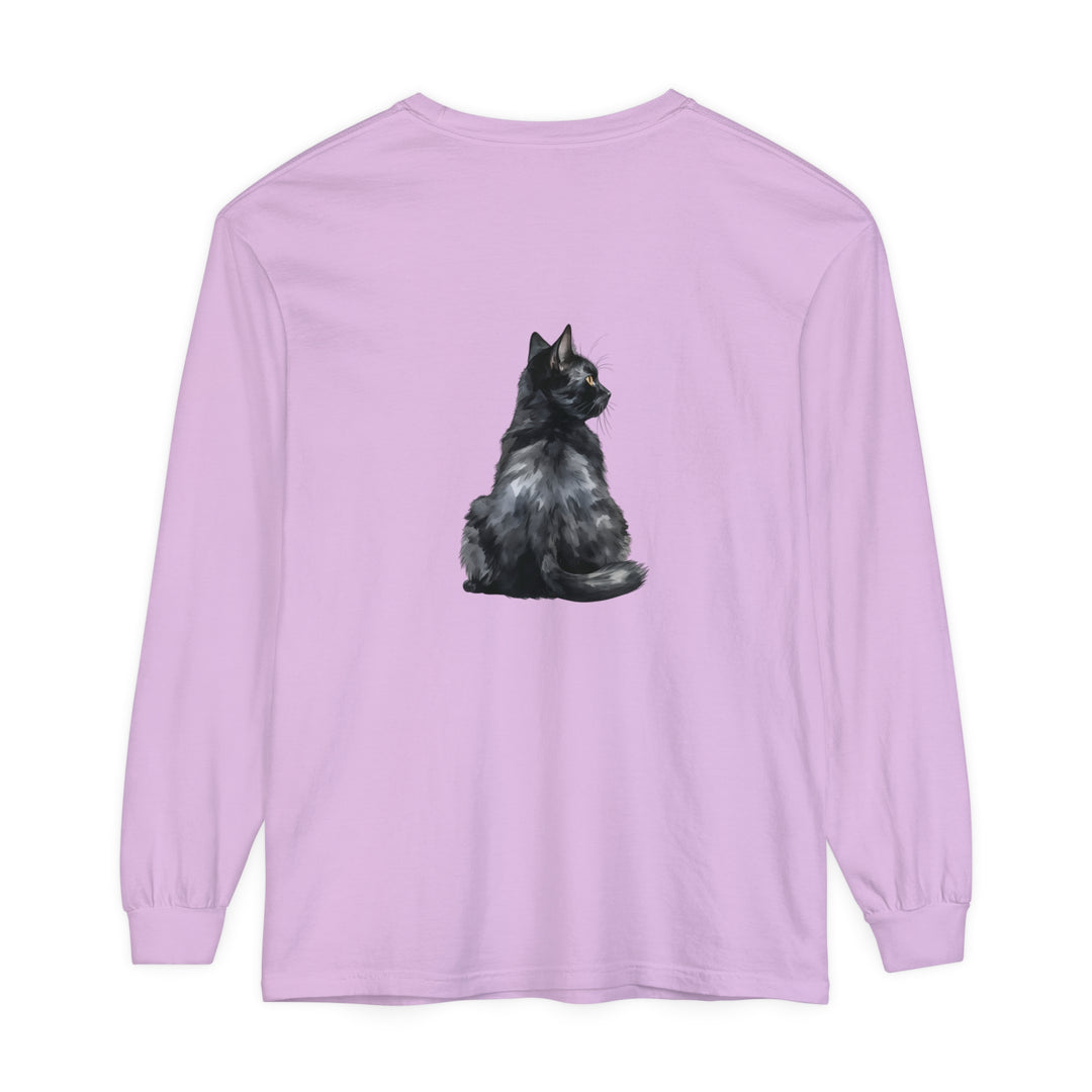 Black Cat Mystique Long Sleeve T-Shirt, featuring a bold cat graphic