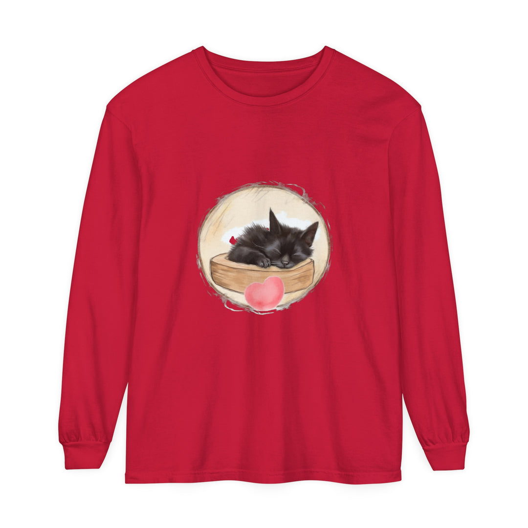 A cute, adorable sleeping kitten printed on a unisex t-shirt perfect for bedtime