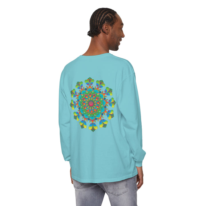 Vibrant and colorful long sleeve tie dye t-shirt with intricate mandala design