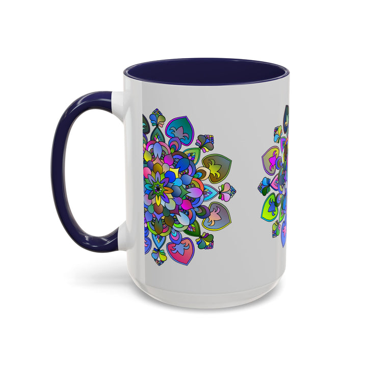 Colorful floral mandala pattern on a grey ceramic mug