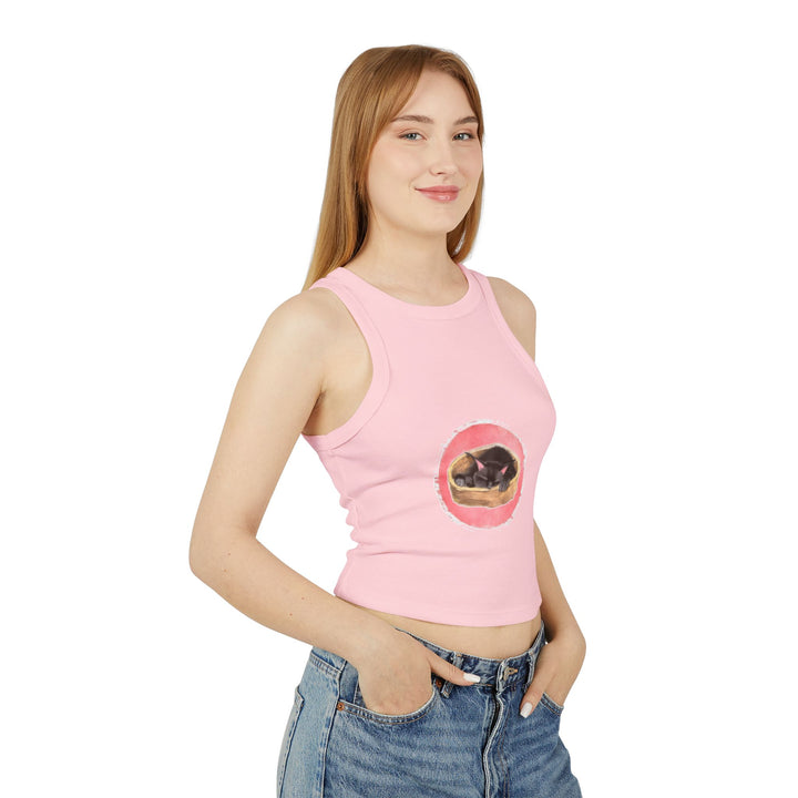 A comfortable and stylish racerback tank top featuring a sleeping black cat design