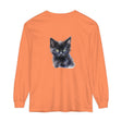 A close-up image of a mystical kitten surrounded by stars on a unisex long sleeve t-shirt in black, perfect for cat lovers and fans of whimsical fashion