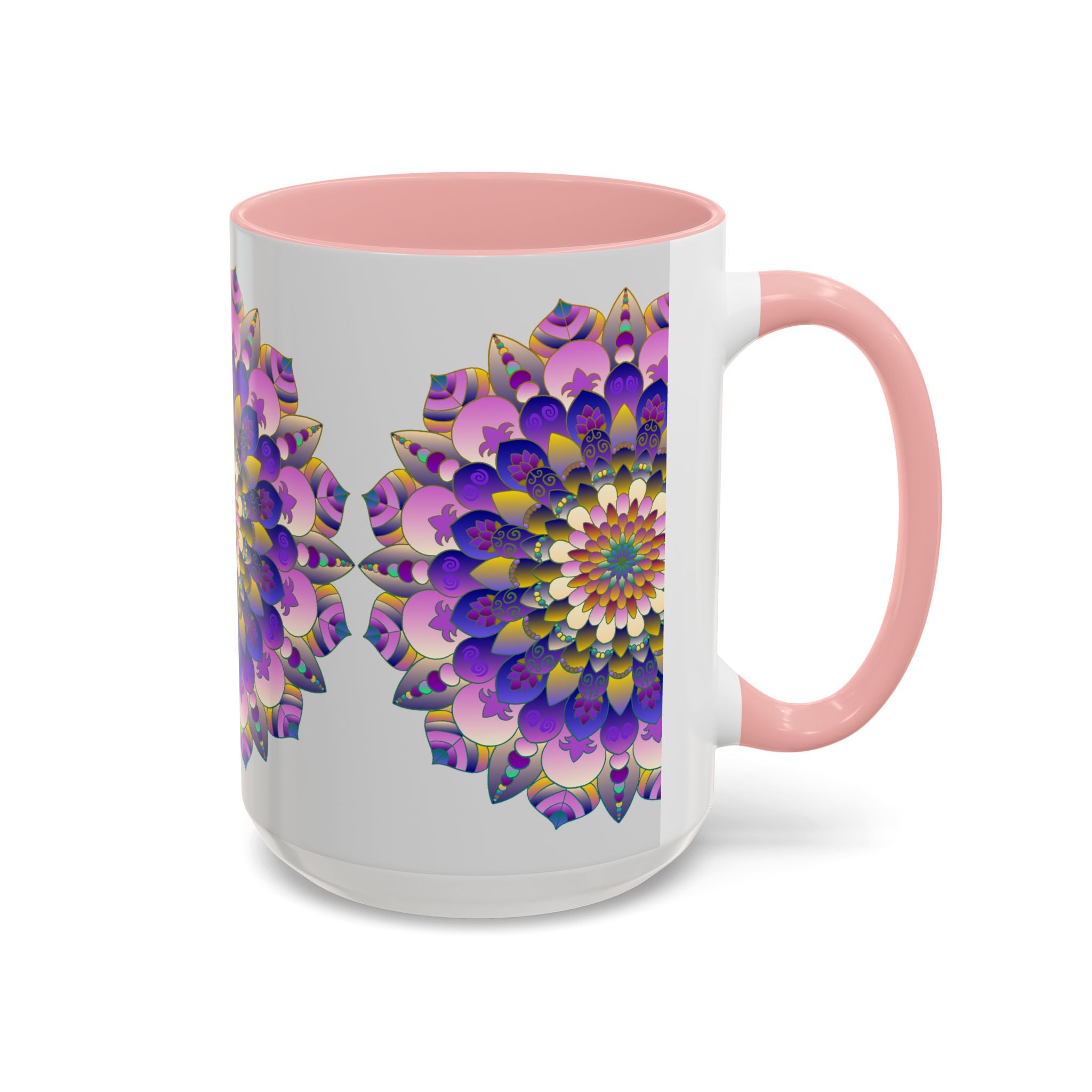 Beautiful Mandala Art Mug featuring vibrant colors on a grey background