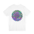 A beautiful and vibrant mandala tee featuring spiritual symbols for peace and harmony