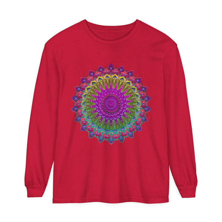 Vibrant Mandala Unisex Long Sleeve T-Shirt Side View Displaying Artwork