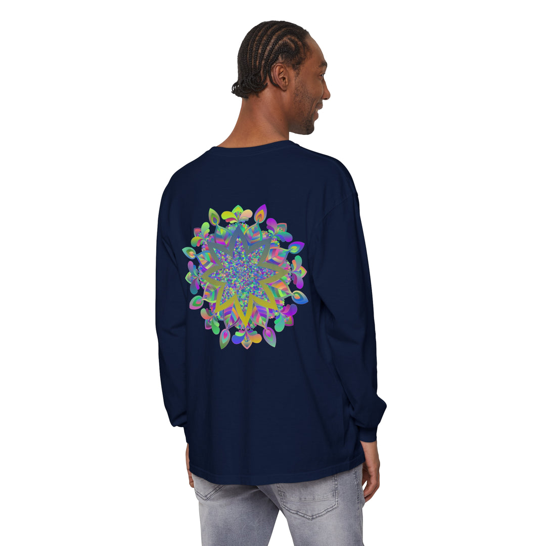 Vibrant and intricate mandala design on a unisex long sleeve t-shirt