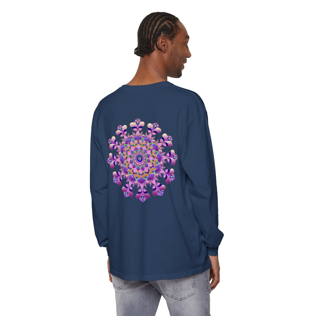 Intricate Mandala Long Sleeve T-Shirt - Unisex, featuring detailed mandala design on front and back in black and white