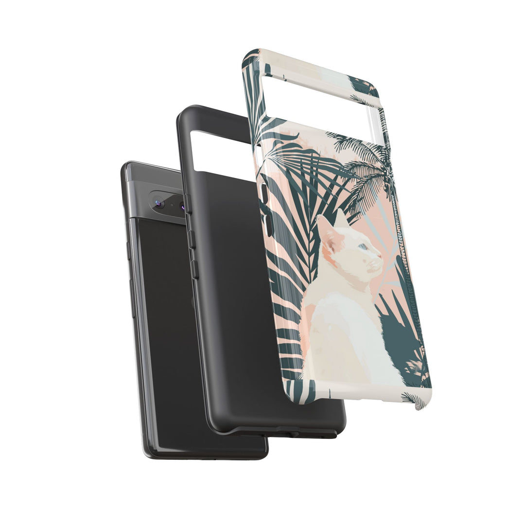 Tropische Katzen-Telefonhülle mit üppigen Palmenmotiven und sanften Pastelltönen
