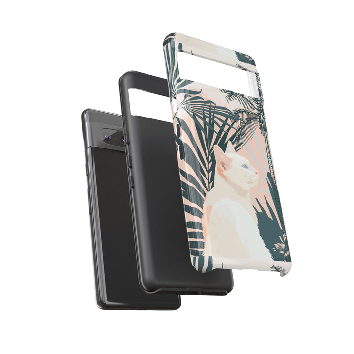 Tropische Katzen-Telefonhülle mit üppigen Palmenmotiven und sanften Pastelltönen