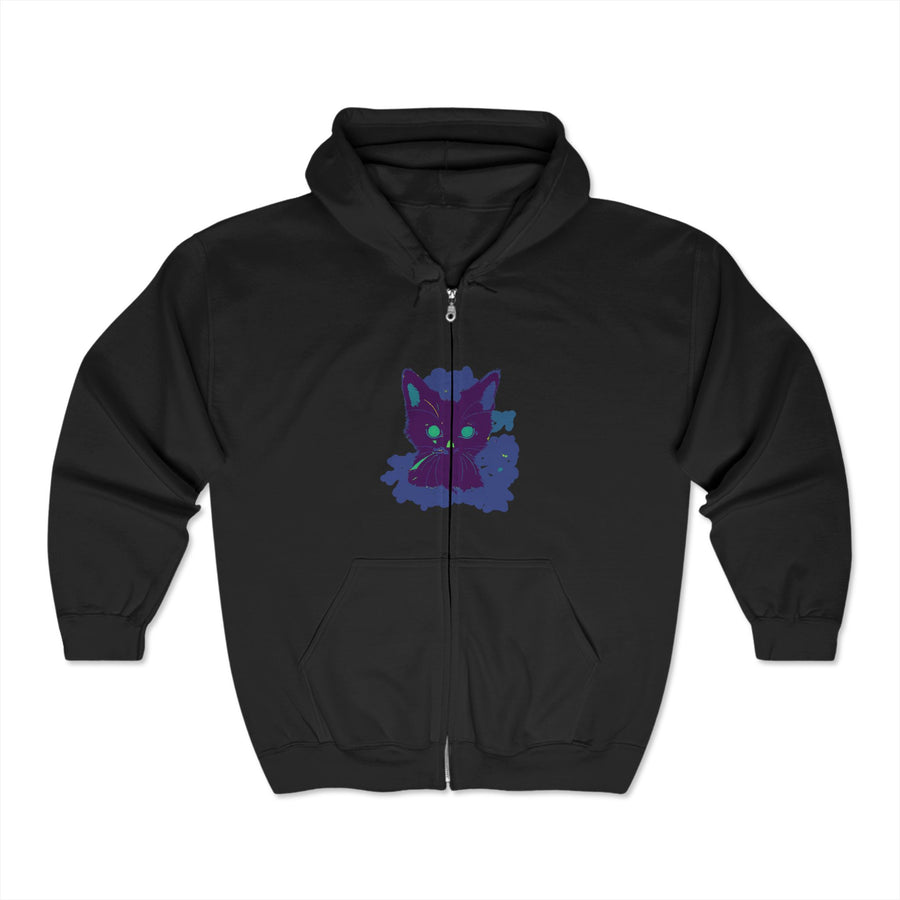 Soft and warm hoodie with an artistic watercolor print of a mysterious black cat