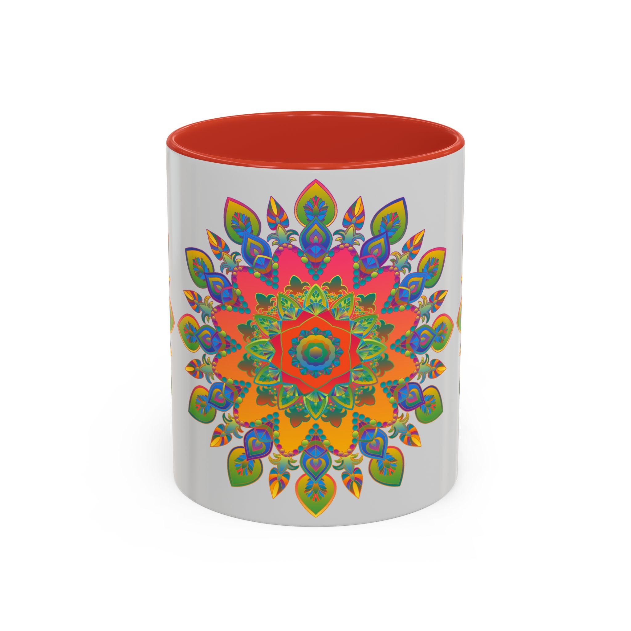 Colorful Mandala Mug with intricate and vibrant art on a grey background