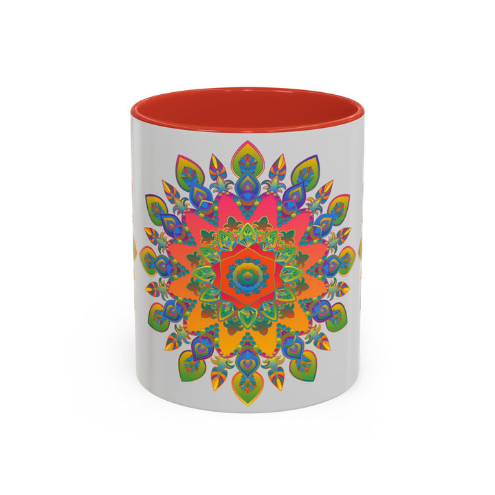 Colorful Mandala Mug with intricate and vibrant art on a grey background