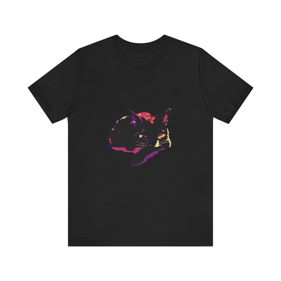 Close-up image of a black cat mystery colorful sleep t-shirt, featuring a cute cat design and vibrant colors for a comfortable and stylish nighttime wear