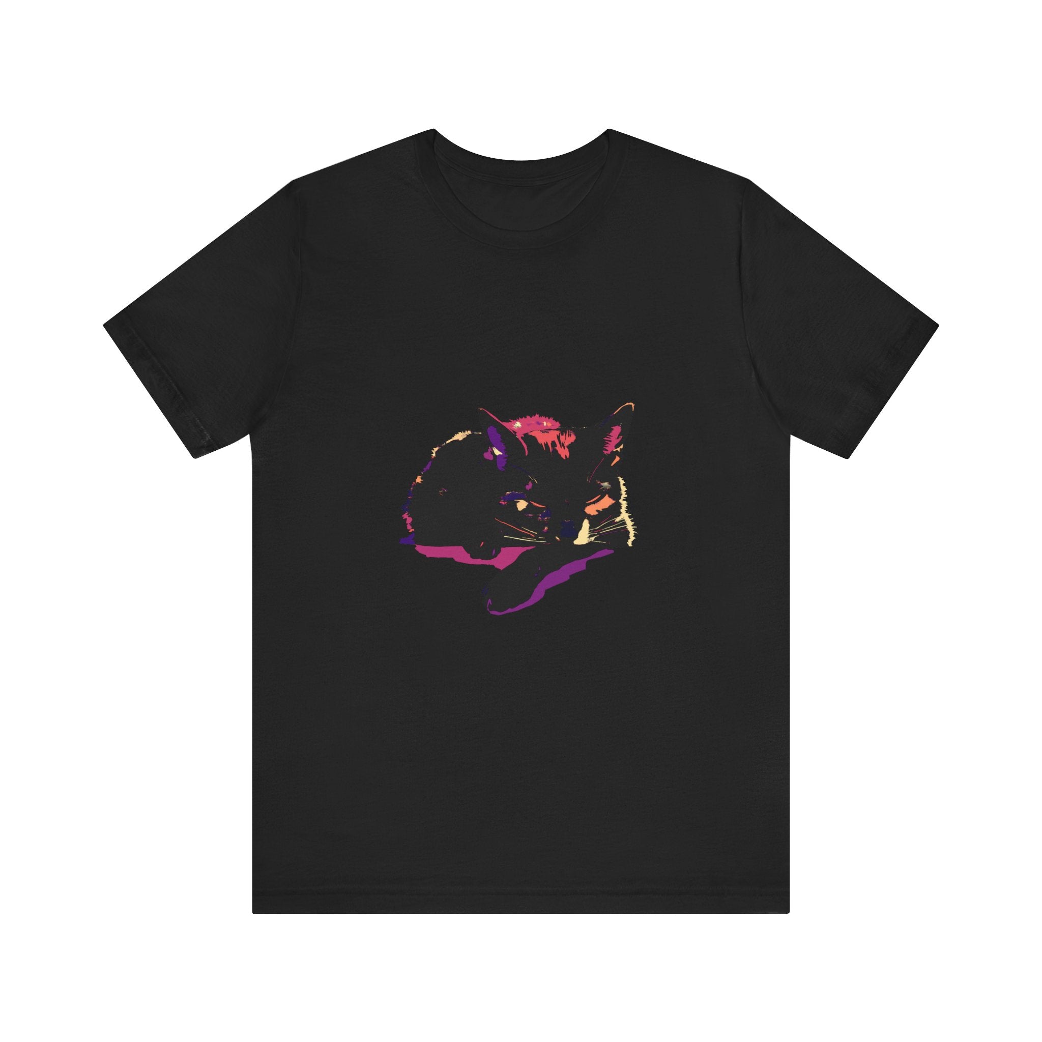 Close-up image of a black cat mystery colorful sleep t-shirt, featuring a cute cat design and vibrant colors for a comfortable and stylish nighttime wear