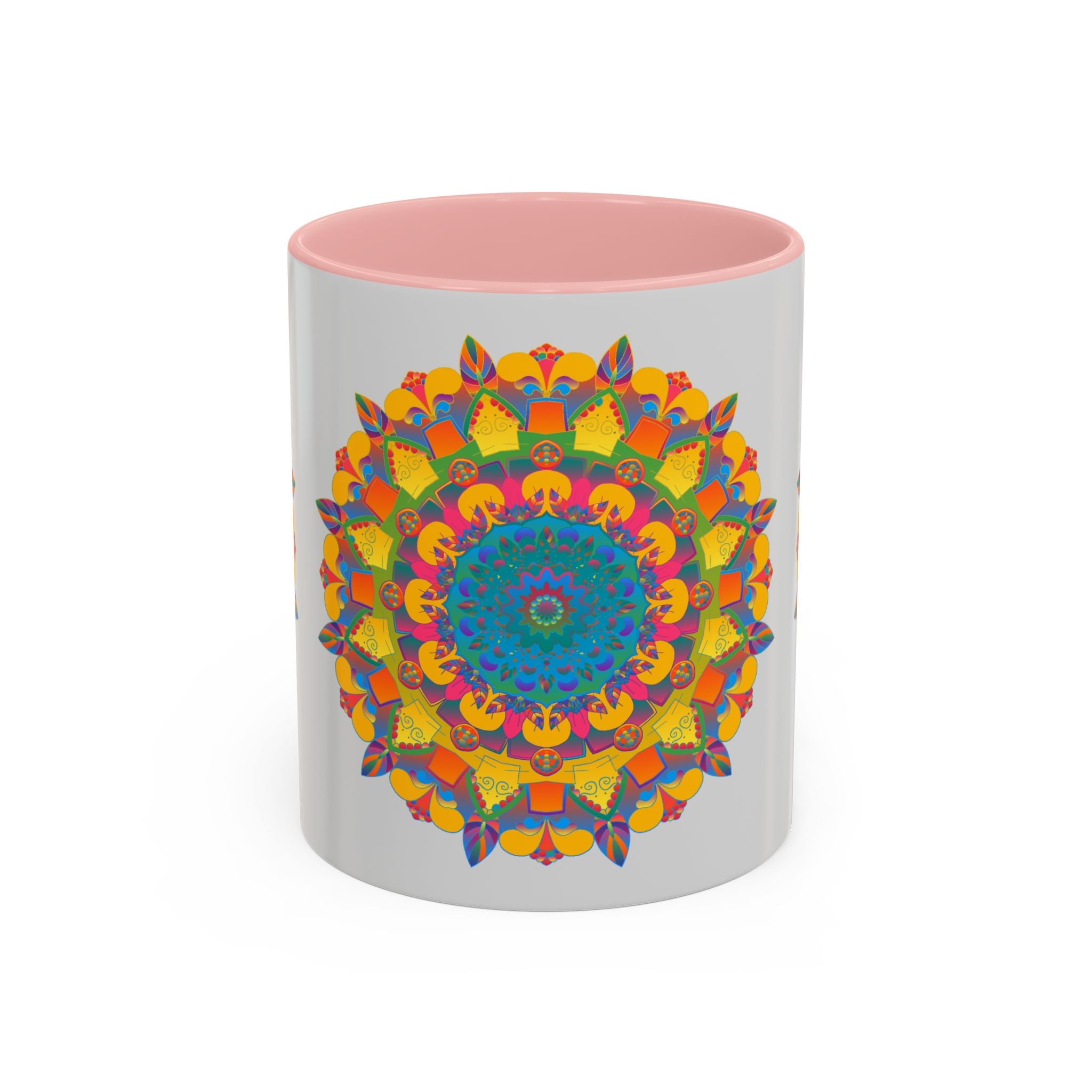 A beautiful handcrafted ceramic mug featuring a vibrant and intricate floral mandala design in a variety of bright and bold colors