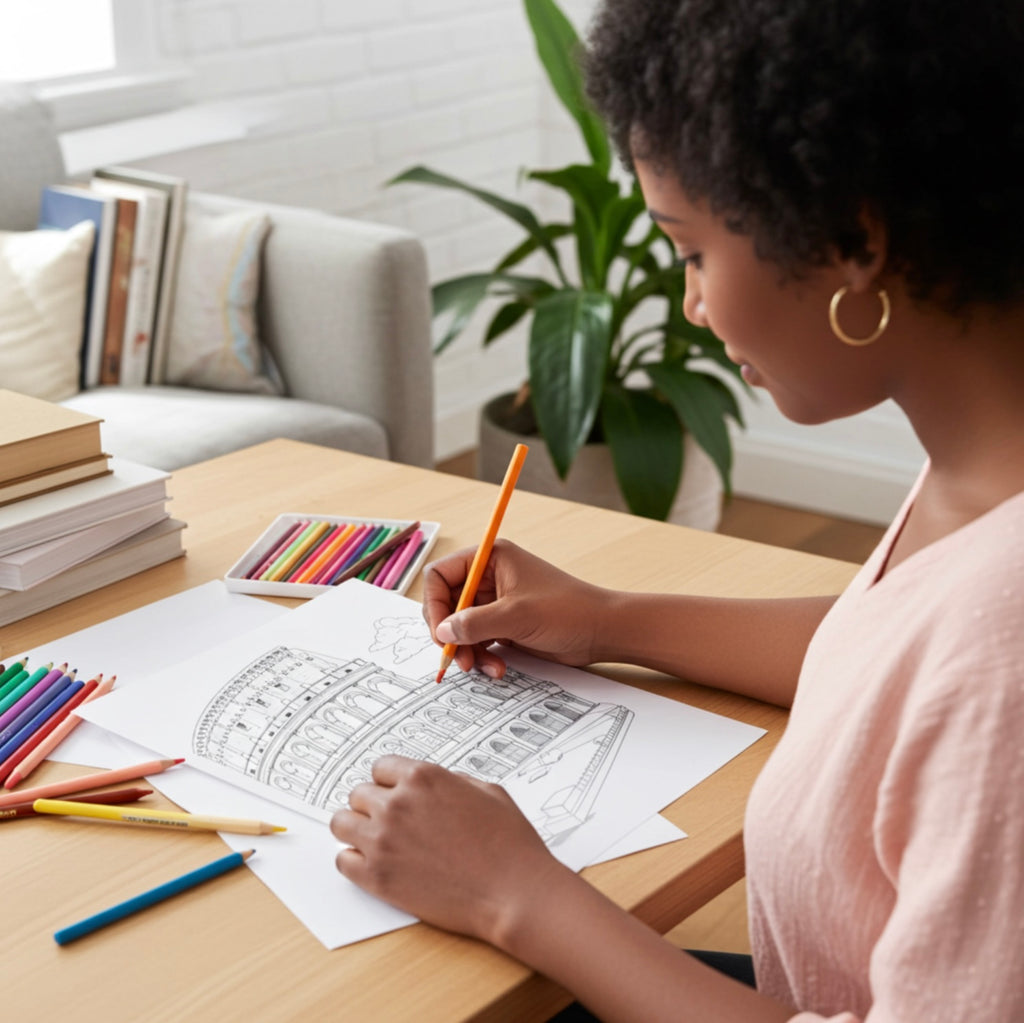 Woman coloring a detailed design with colored pencils on a table in a home setting.