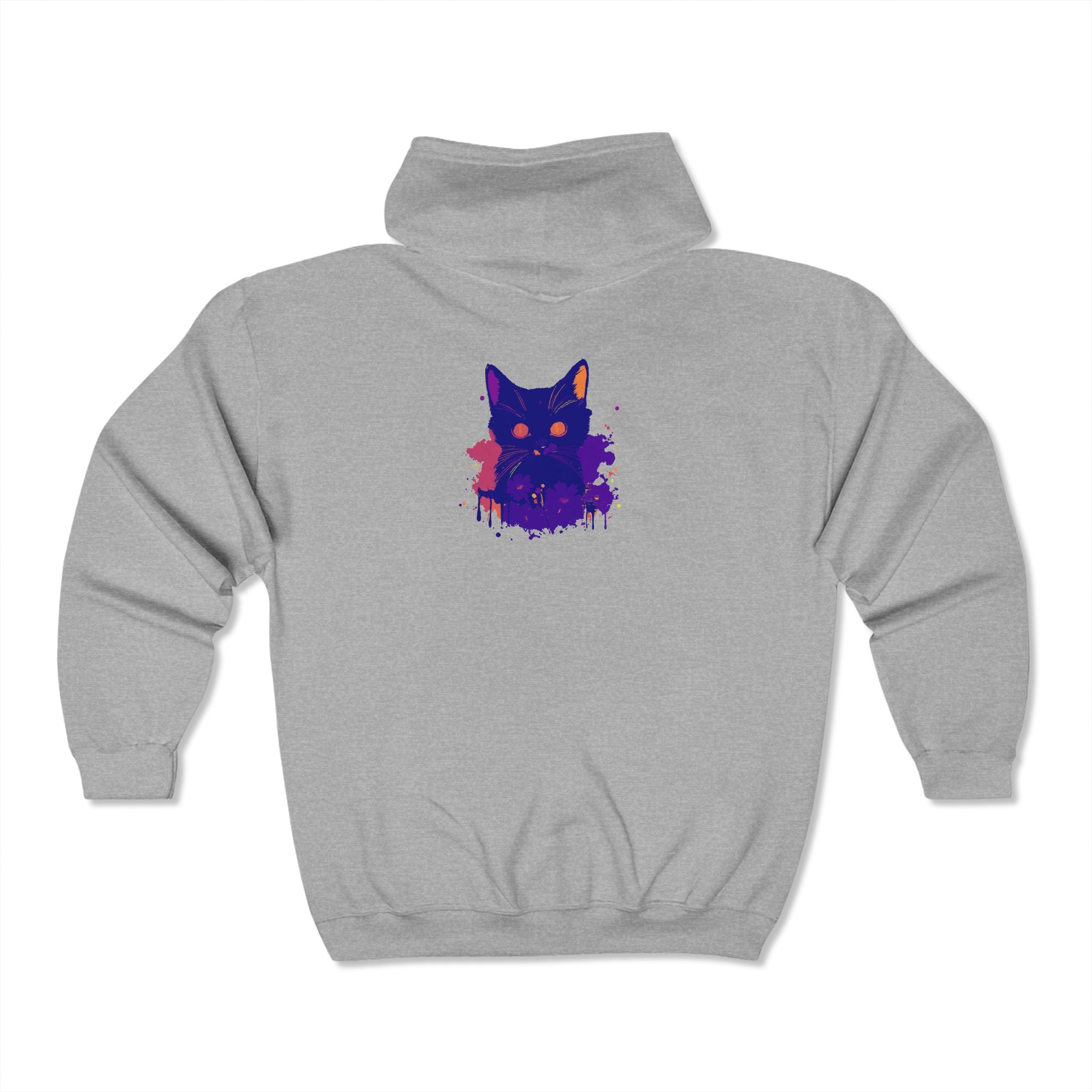 A cozy black hoodie featuring a watercolor print of a mystical cat