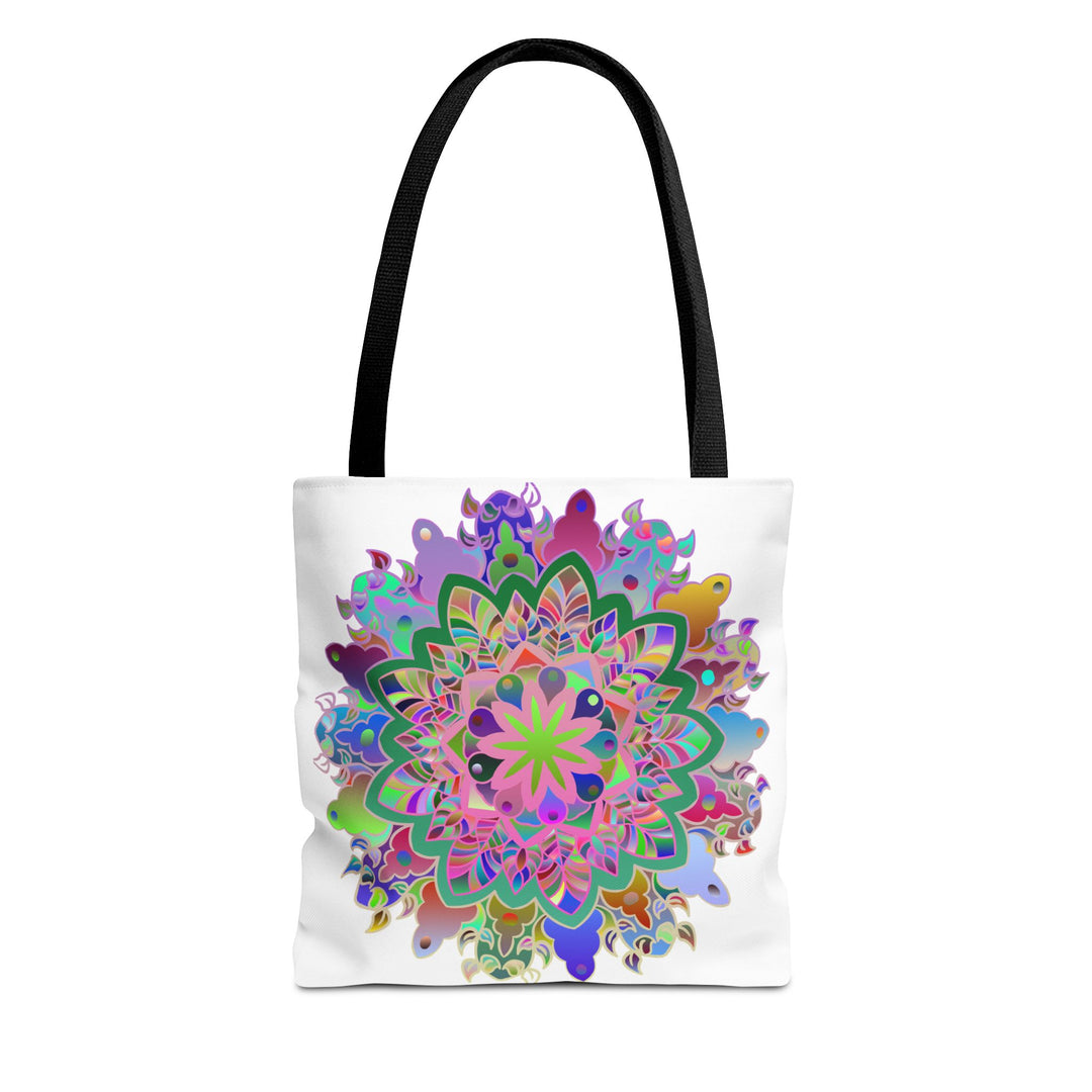 Colorful mandala tote bag with vibrant, intricate design, perfect for carrying books and groceries in style