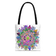 Colorful mandala tote bag with vibrant, intricate design, perfect for carrying books and groceries in style