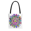 Colorful mandala tote bag with vibrant, intricate design, perfect for carrying books and groceries in style