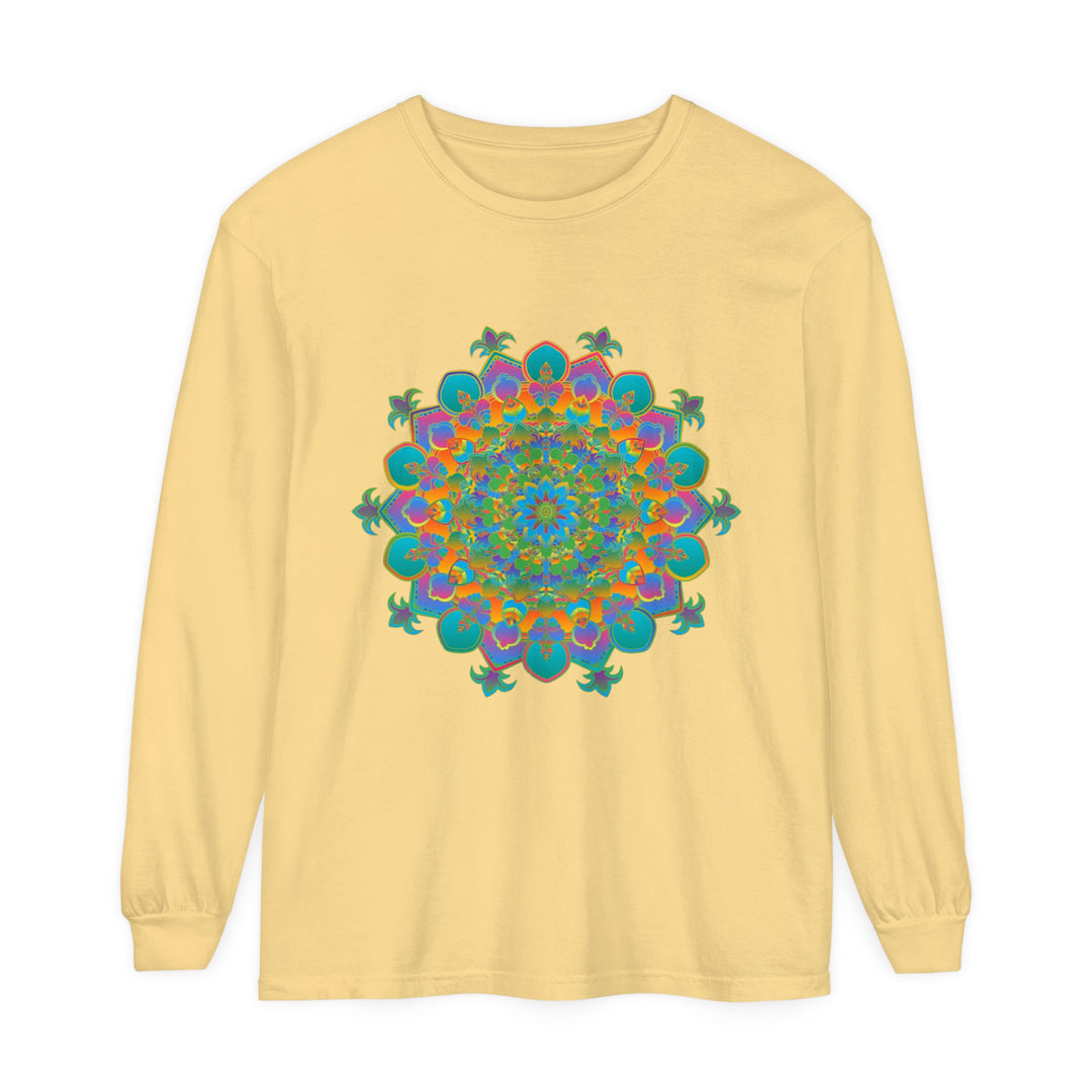 Colorful and intricately designed unisex long sleeve T-shirt featuring vibrant mandala pattern