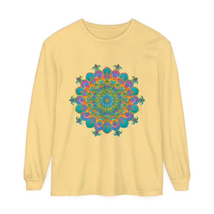 Colorful and intricately designed unisex long sleeve T-shirt featuring vibrant mandala pattern