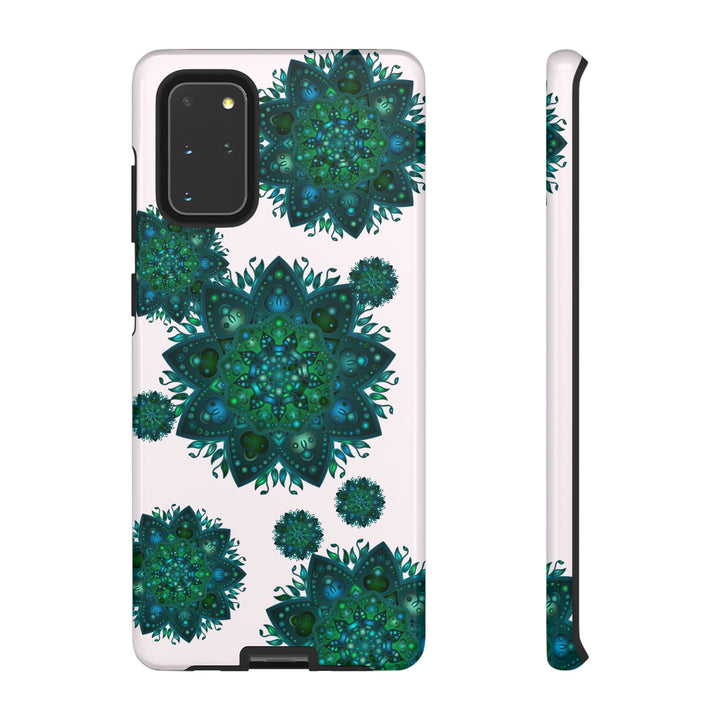 Beautiful light pink and green mandala phone case with a peaceful and intricate design