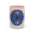Colorful and peaceful mandala mug featuring intricate and calming art design