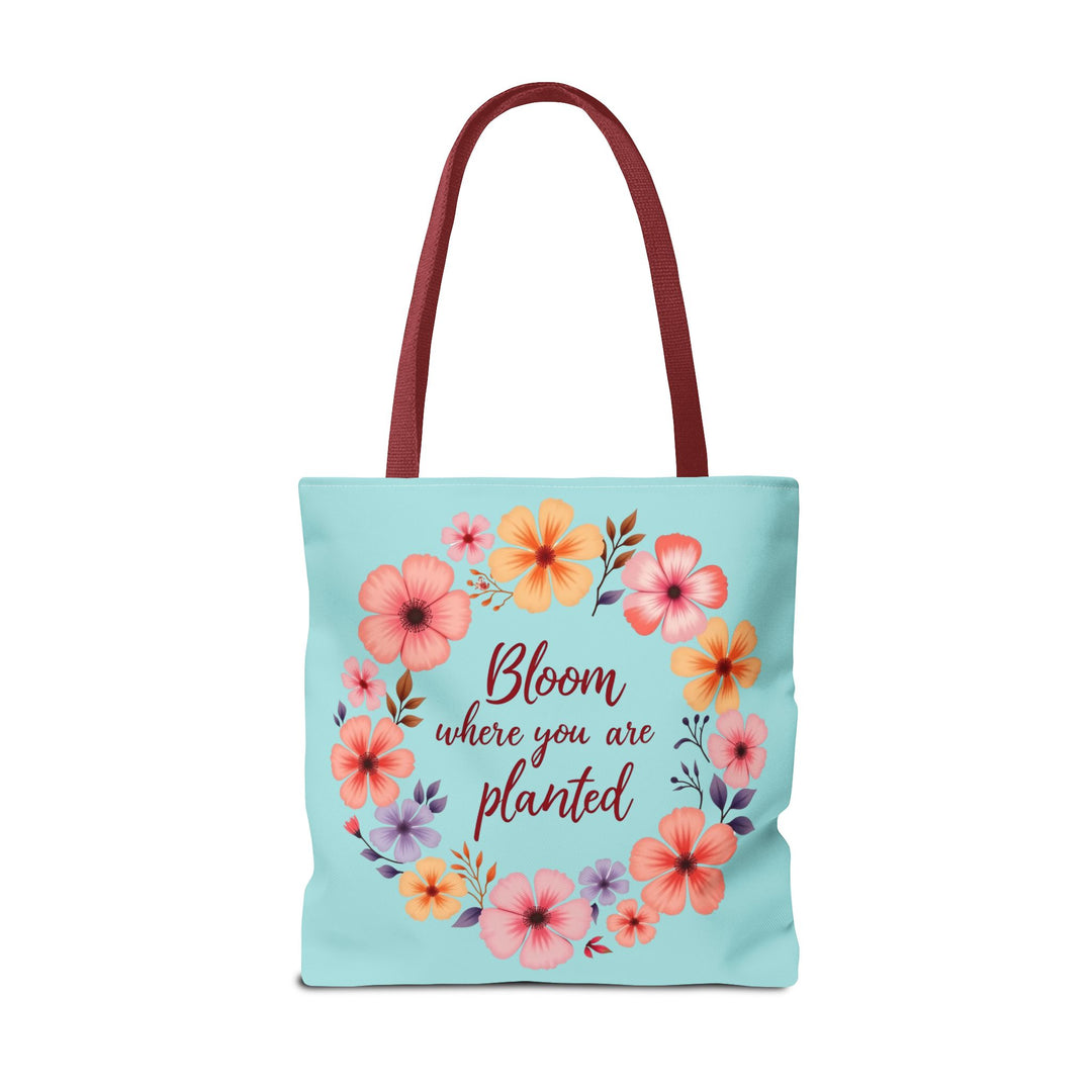 Beautiful floral tote bag with the inspiring quote 'Bloom Where You Are Planted' available in 3 different sizes