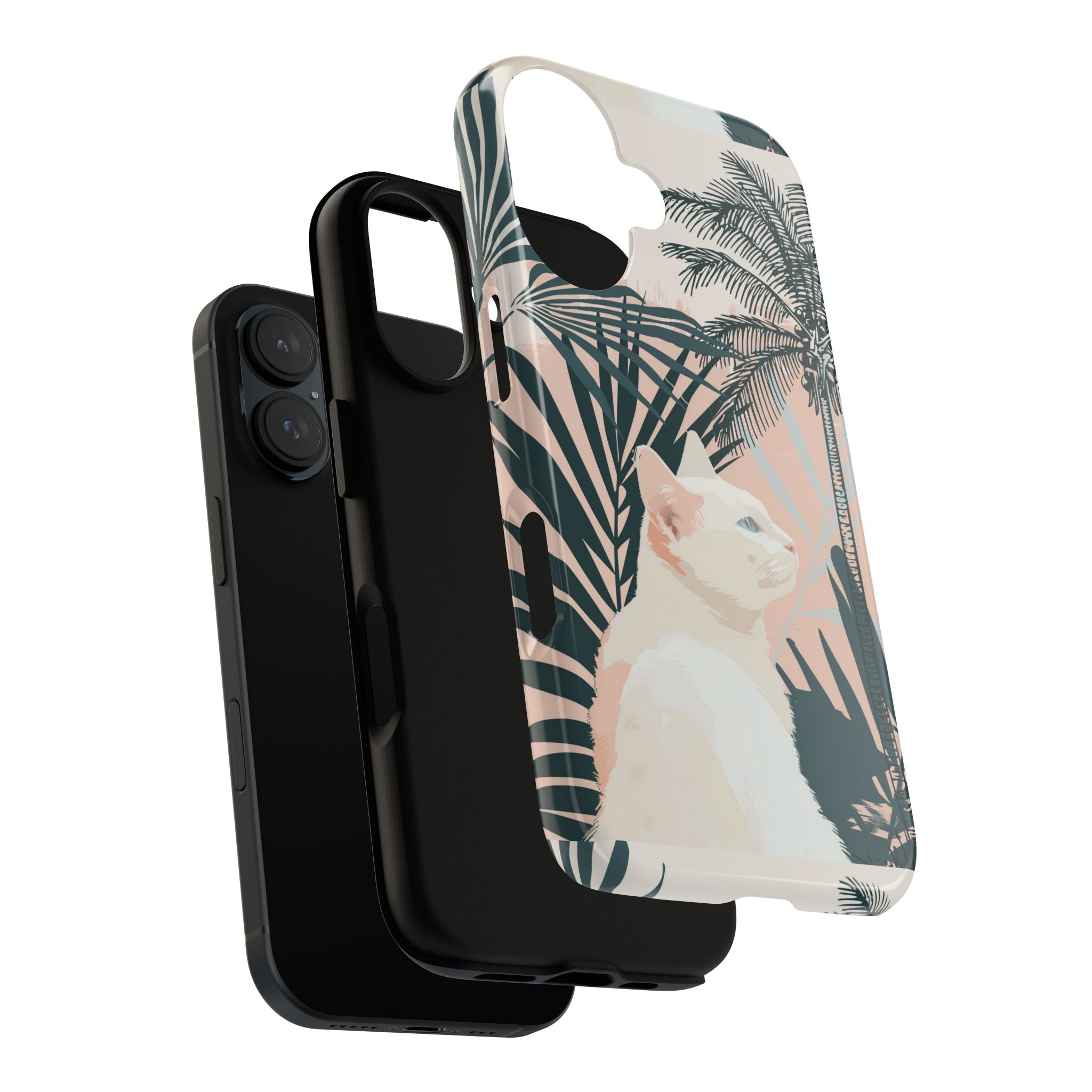 Tropische Katzen-Telefonhülle mit üppigen Palmenmotiven und sanften Pastelltönen