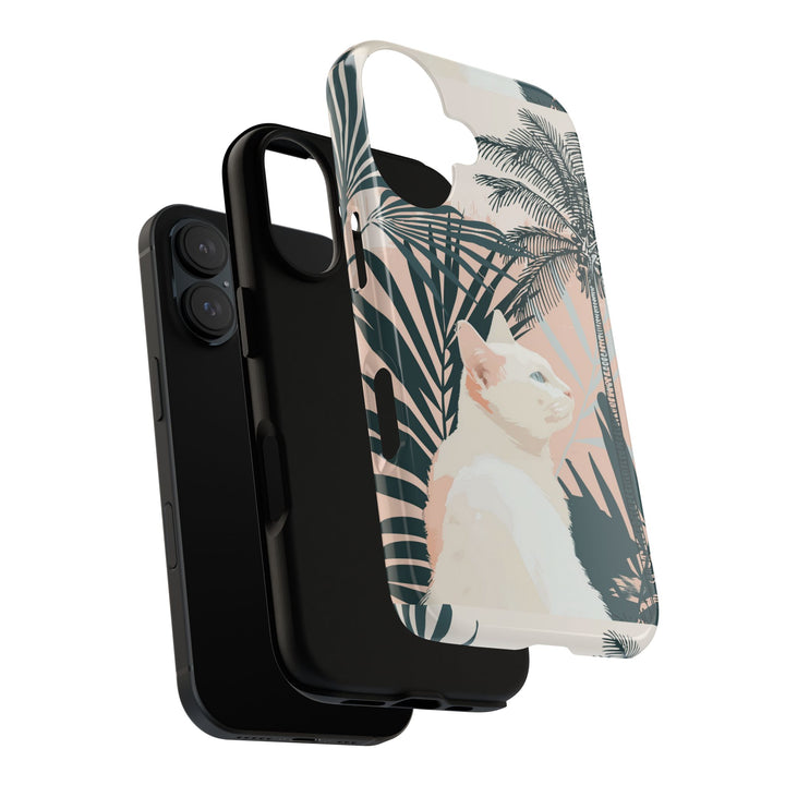 Tropische Katzen-Telefonhülle mit üppigen Palmenmotiven und sanften Pastelltönen