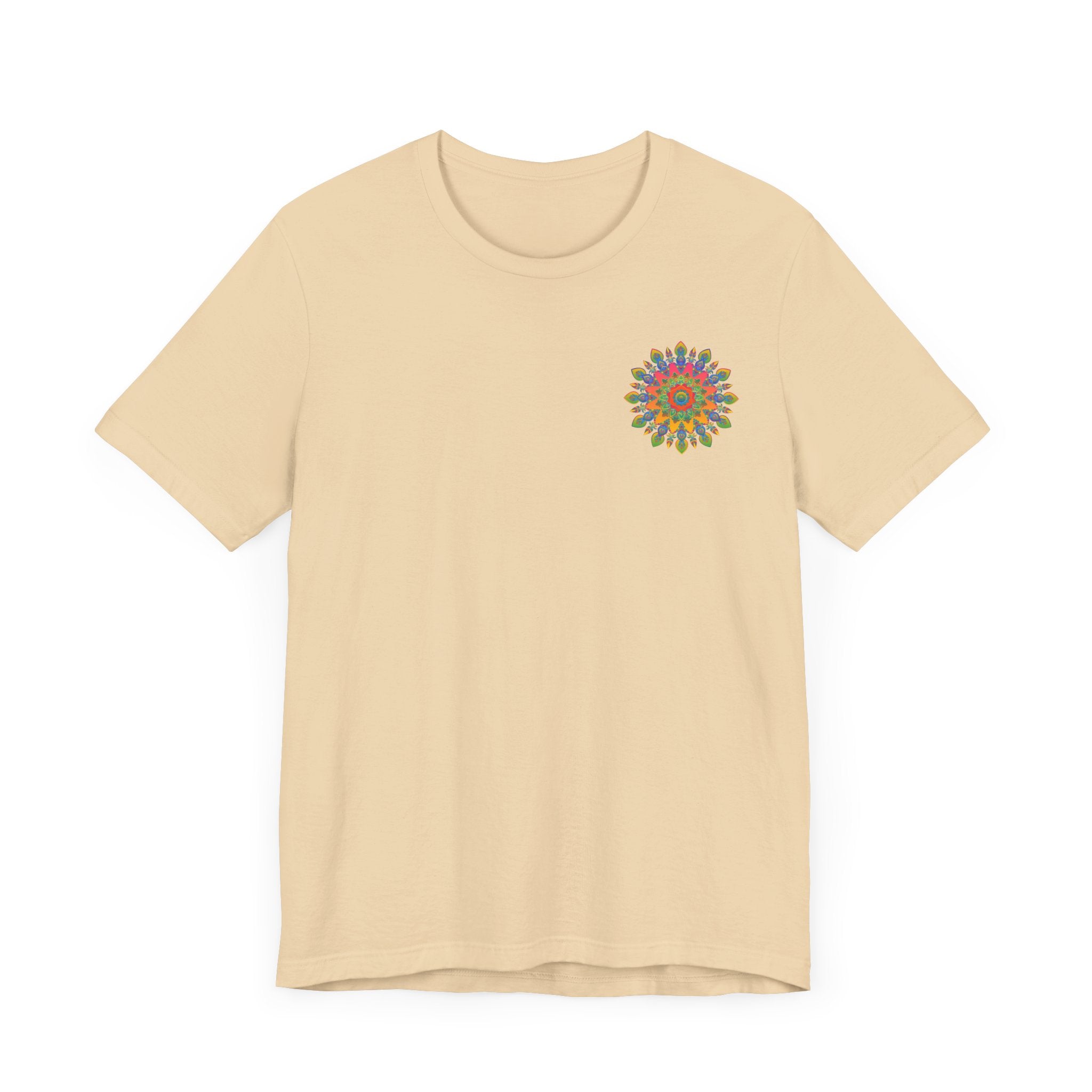 Vibrantly colored t-shirt featuring a psychedelic mandala design, promoting spiritual peace and harmony