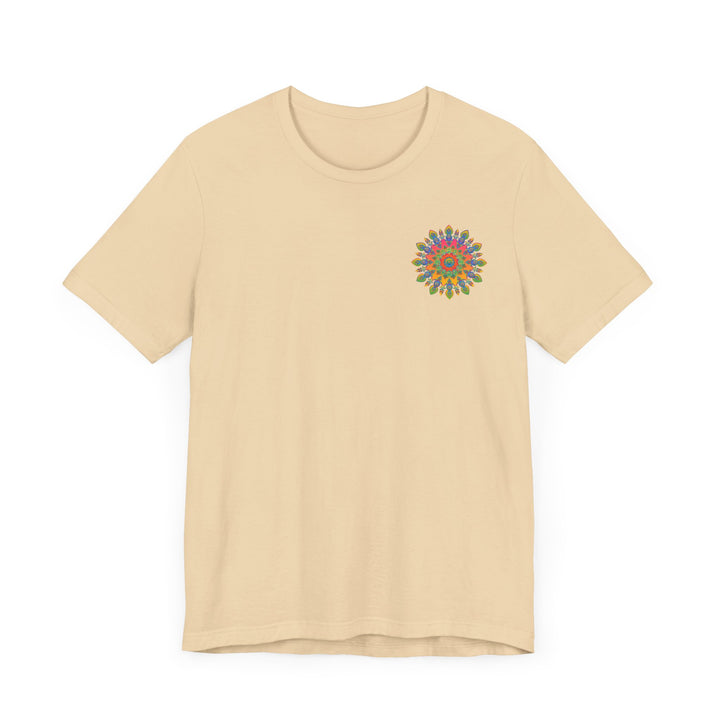 Vibrantly colored t-shirt featuring a psychedelic mandala design, promoting spiritual peace and harmony