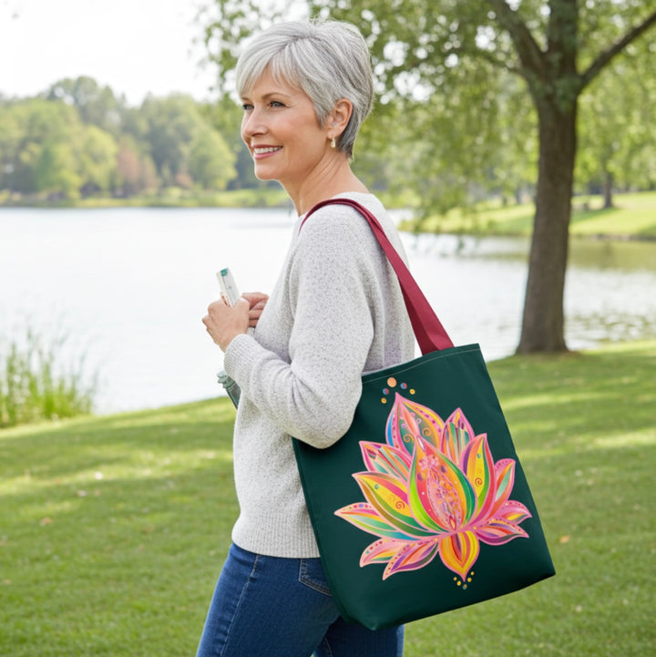 Lotus Blossom Energy Tote – Deep Green Canvas with Artistic Print