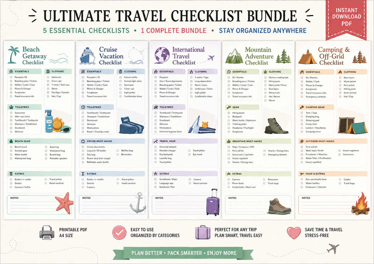 Ultimate Travel Checklists Bundle | 5 PDF Instant Download